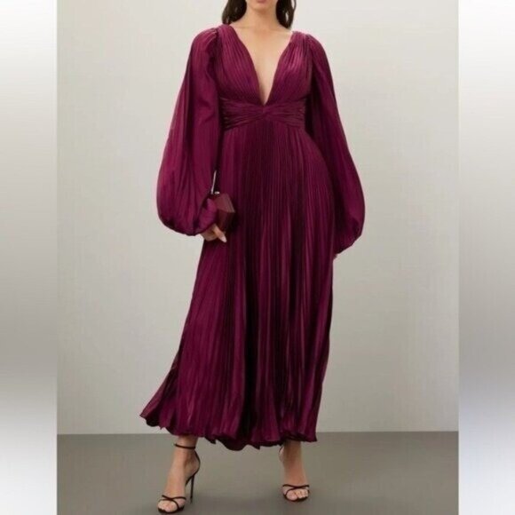 Ieena for Mac Duggal Pleated Charmeuse Gown Purple Red Long Sleeve Dress Size 0 - Picture 1 of 8